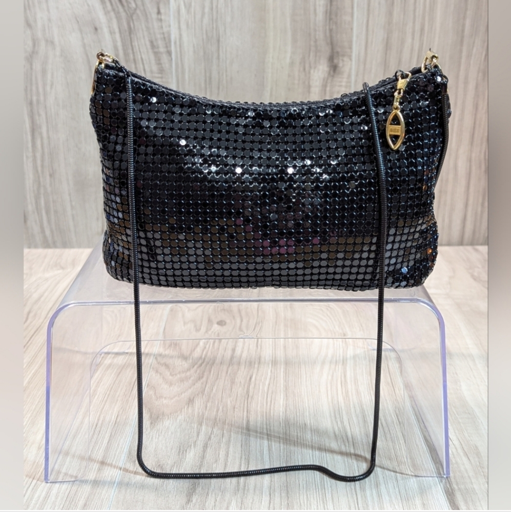 Vintage Chainmail Purse Black Zip  Snake Chain Strap Evening Bag